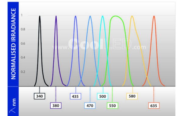 Spectres d'émissions des LEDs de la source CoolLED pE-800 Fura