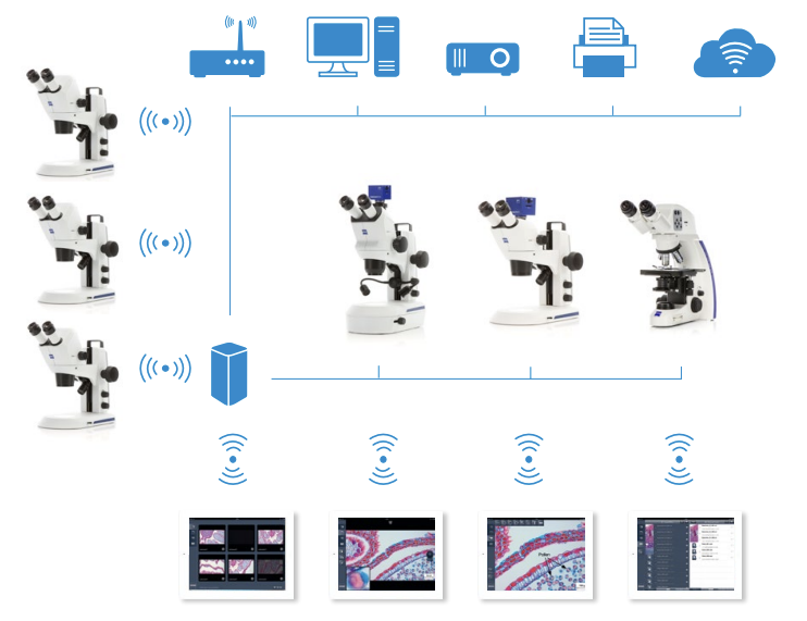 Diagramme des possibles connections entre les solutions digitales ZEISS de microscopie numérique