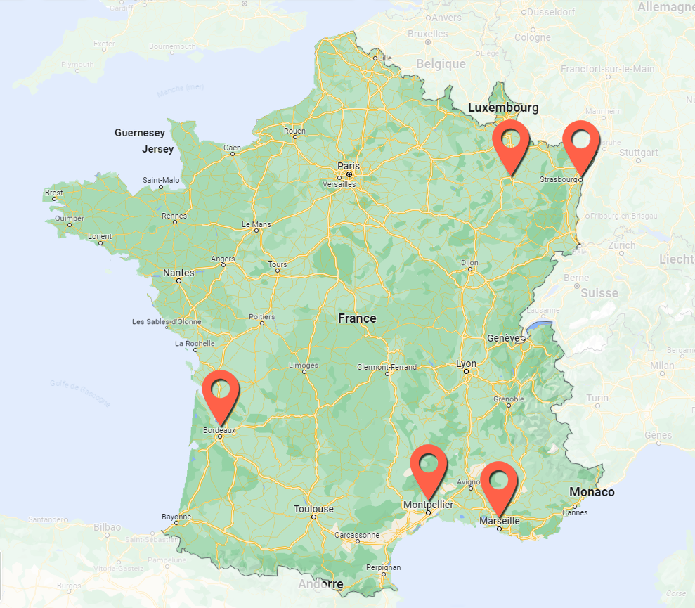Carte de France localisant les Agences Lordil avec Strasbourg Nancy Bordeaux Marseille et Montpellier