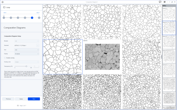 Interface du logiciel de métallographie ZEN Core module comparatif pour l'analyse de taille de grains par comparaison