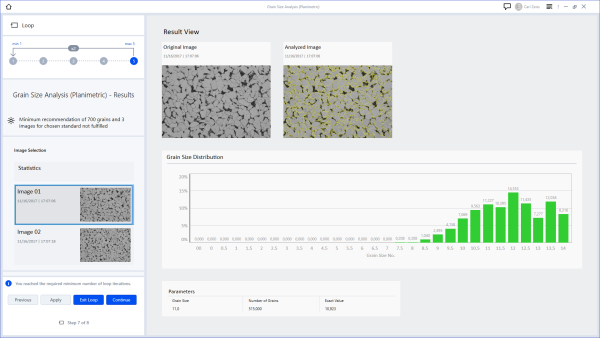 Interface du logiciel de métallographie ZEN Core module d'analyse de taille de grains