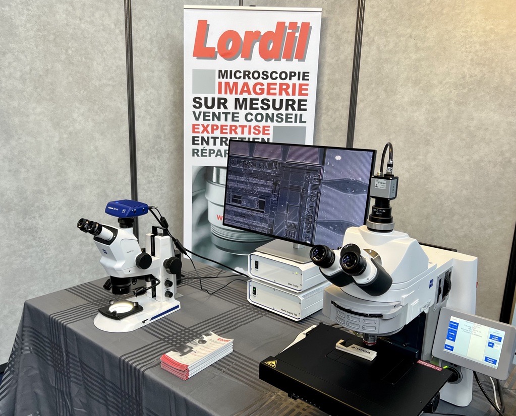 Stand Lordil lors du congrès A3TS 2023 à Mulhouse. Un stereo microscope et un microscope droit